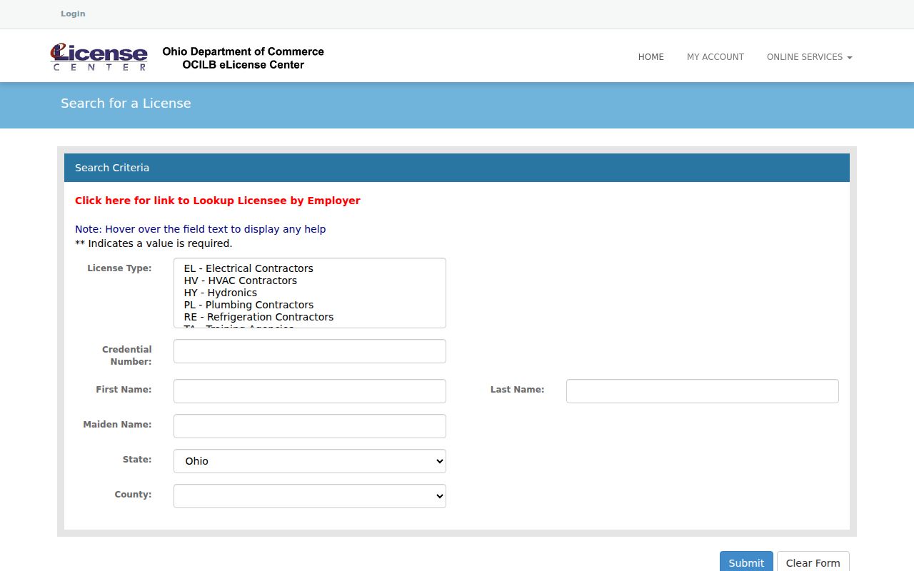 Beavercreek Township neighbors Ohio eLicense lookup page