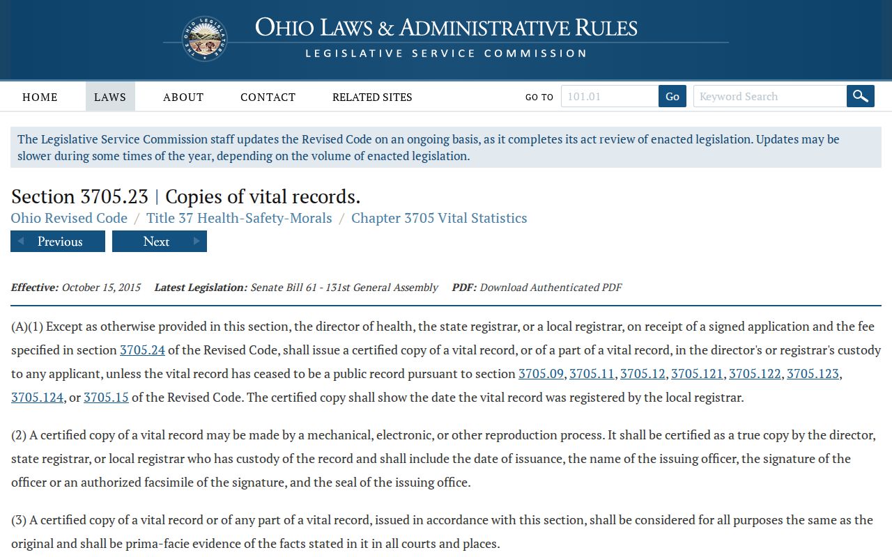 Beavercreek Township previous residents Ohio vital records access statute
